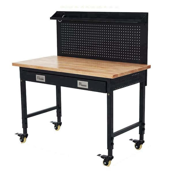 Heavy Duty 48 in. W x 24 in. D Black Steel Mobile Workbench with Rubberwood Top, Drawer and Pegboard, 10 ft. Power Cord