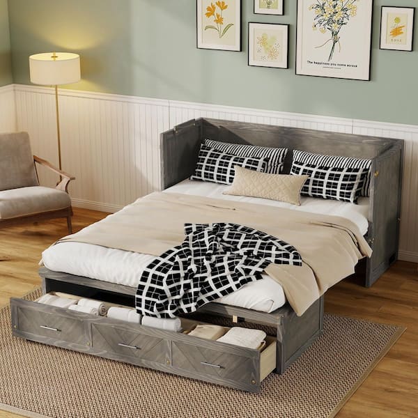 Gray Pine Wood Frame Queen Murphy Bed with USB Charging, Fold-Down Cabinet Bed with Geometric Panel & Storage Drawer