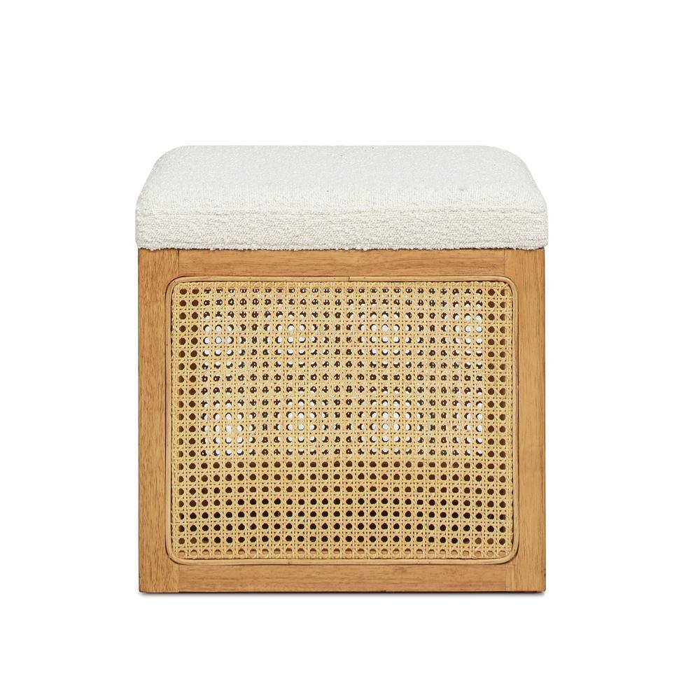 Nina 18" Natural Cane Webbing Cube Ottoman with Boucle Upholstery