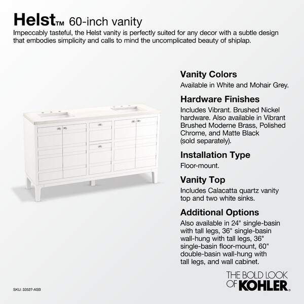 KOHLER Helst 60.12in. Double Sink Freestanding White Bath Vanity with White Quartz Top Assembled