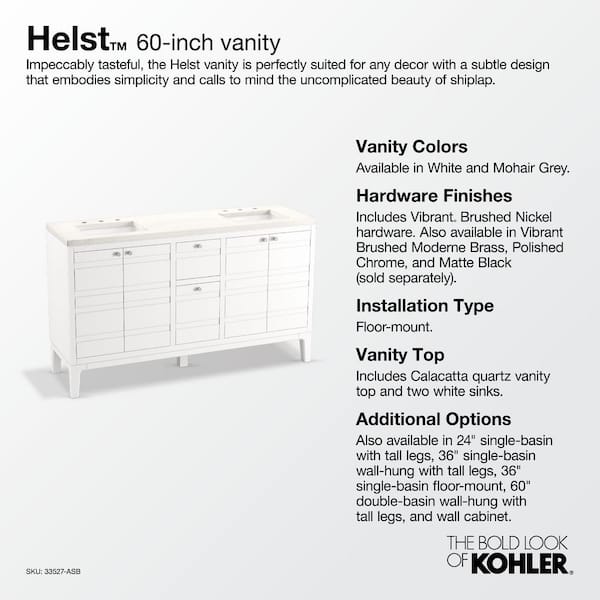KOHLER Helst 60.125in. Double Sink Freestanding Mohair Grey Bath Vanity with White Quartz Top Assembled