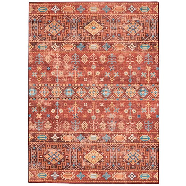 Linon Home Decor Washable Rosa Red/Ivory 5 ft. x 7 ft. Abstract Rectangle Area Rug