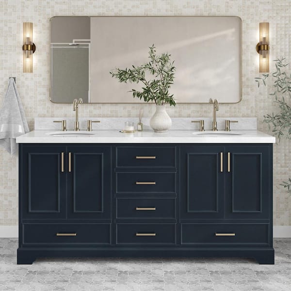 ARIEL Stafford 73 in. W x 22 in. D x 36 in. H Double Sink Bath Vanity in Midnight Blue with Carrara White Marble Top