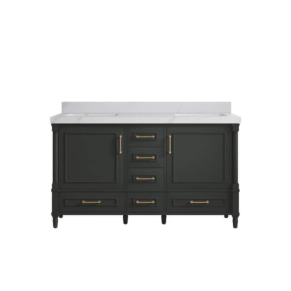 Willow Collections Hudson 60 in. Double Sink Freestanding Black Top Bath Vanity with Calacatta Sienna Quartz Top Unassembled