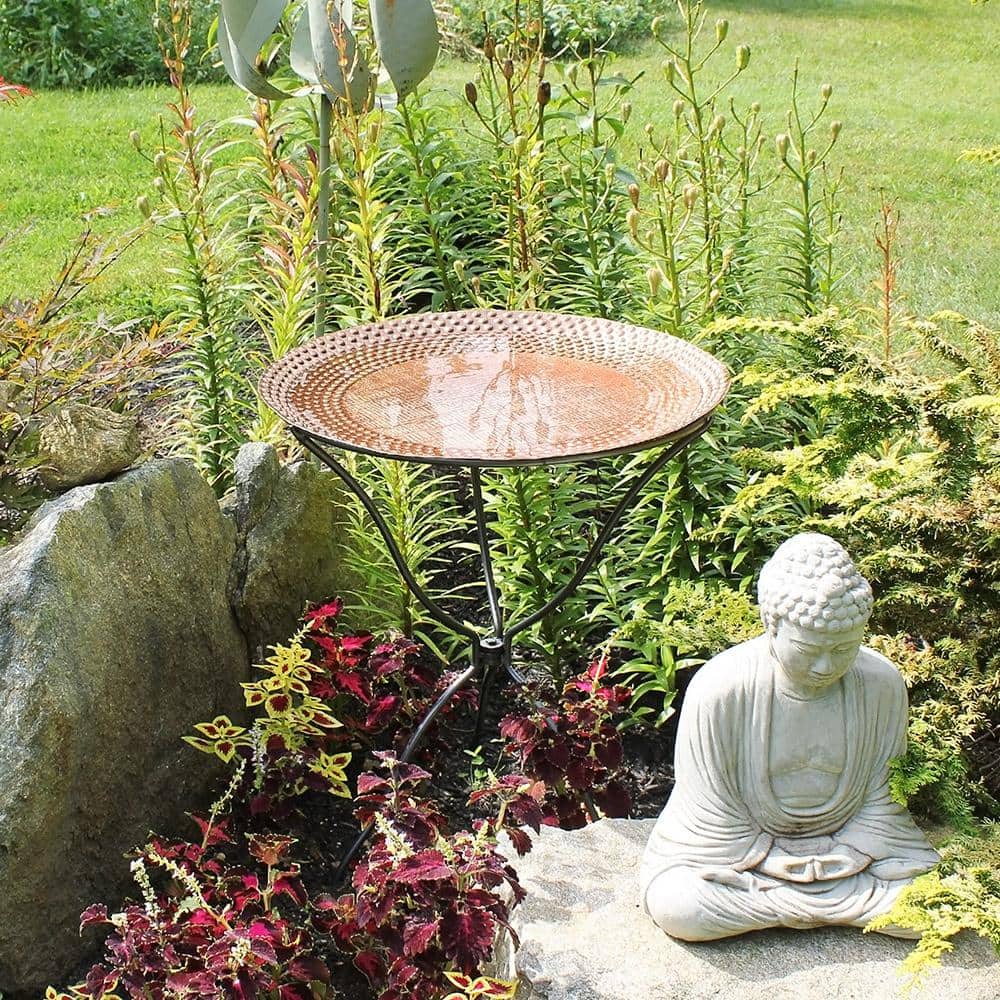 Classic Hammered Copper-Plated Metal Birdbath, 15" Diameter