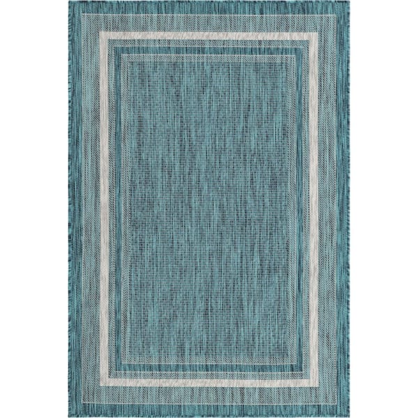 Unique Loom Outdoor Soft Border Teal 4' 0 X 6' 0 Area Rug 3129035 - The 