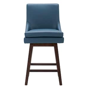 Fiona 26.8 in. Dark Blue High Back Solid Wood Frame Swivel Counter Height Bar Stool with Faux Leather Seat