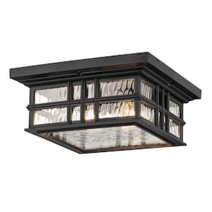 Beacon Square 2-Light Textured Black Outdoor Porch Ceiling Flush Mount Light with Clear Hammered Glass (1-Pack)