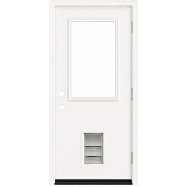 36 in. x 80 in. Reliant Series Clear Half Lite LHOS White Primed Fiberglass Prehung Front Door with Large Pet Door