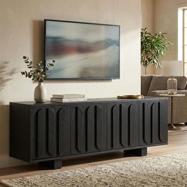 Modern Black Wood TV Stand Fits TV's up to 75 in. Media Console Cabinet with Adjustable Shelves and Cable Holes