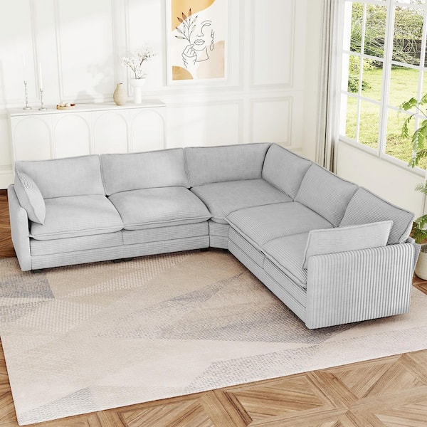 Modern 117 in. Grey Corduroy Square Arm L-Shaped Sofa for Living