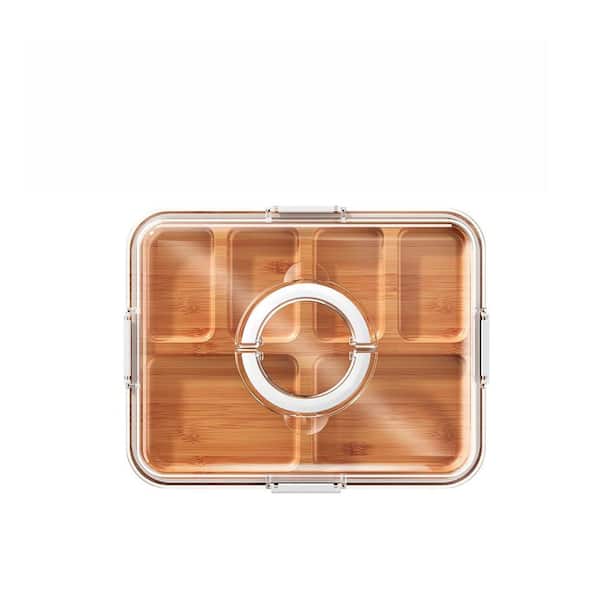 14.4 in. Modern White Bamboo Charcuterie Board with Clear Lid, 6 Compartments, Travel Portable Cheese Cutting Board
