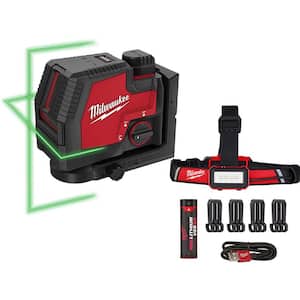 100 ft. REDLITHIUM Lithium-Ion USB Green Rechargeable Cross Line Laser Level w/Charger and Rechargeable LED Headlamp