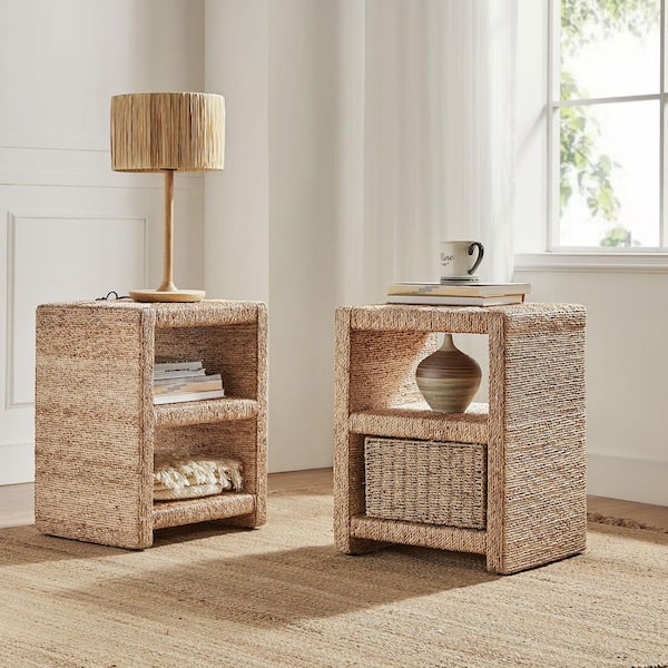 Erminio 24 in. Natural Coastal Style Grass Rope Side Table with 2-Open Shelves (Set of 2)
