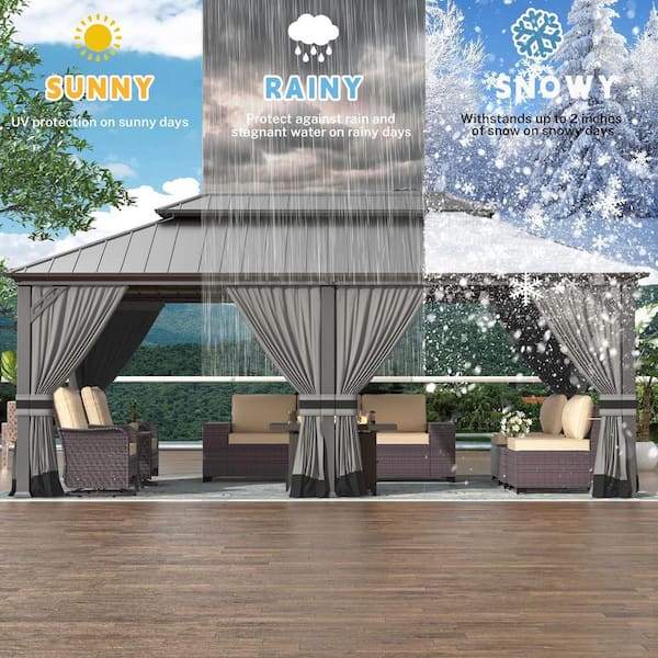 20 ft. x 12 ft. Gray Metal Hardtop Gazebo with Double Roof Pergola, Netting and Curtain Gray