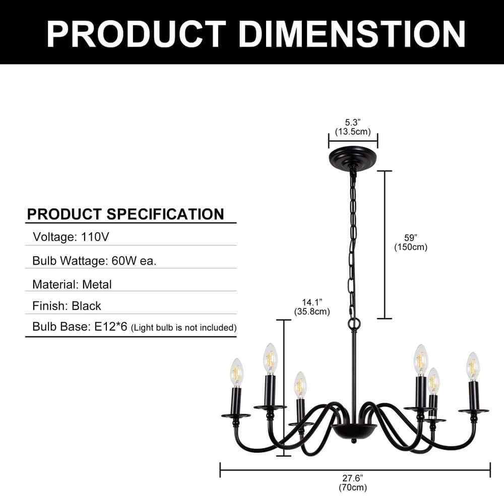 Black Metal 6-Light Candle Style Chandelier