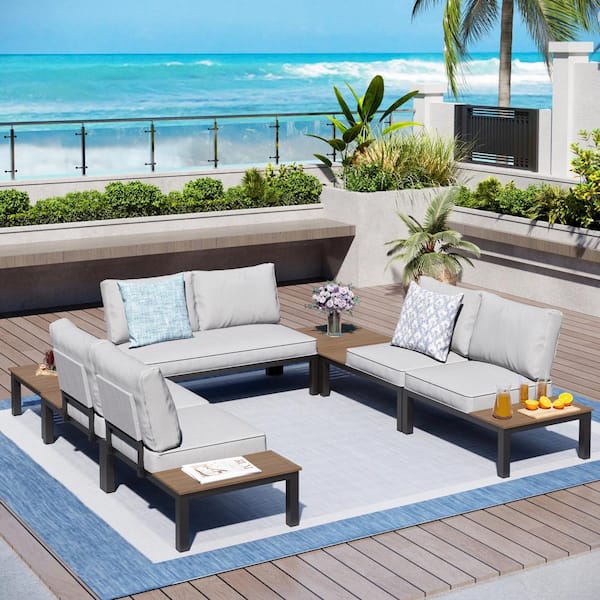 PHI VILLA 6 -Seat 7-Piece Metal Outdoor Patio Conversation Sectional -Seating Set with Light Gray Cushions and 2-Coffee Tables