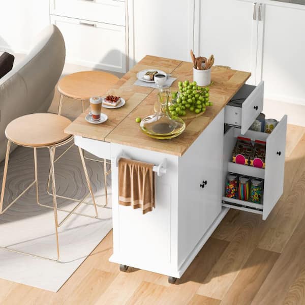 Unbranded Modern White Rubber Wood 53.94 in. W Kitchen Island on Wheels with Drop Leaf, Spice Rack and Towel Rack
