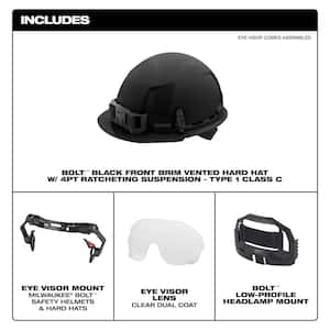 BOLT Black Type 1 Class C Front Brim Vented Hard Hat with 4 Point Ratcheting Suspension W/BOLT Clear Dual Coat Eye Visor