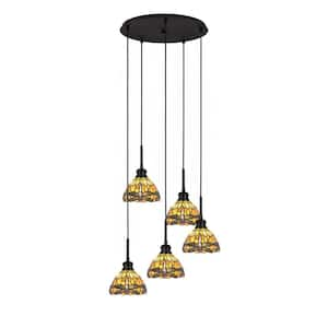 Albany 60-Watt 19.5 in. 5-Light Espresso Cord Pendant Light Amber Dragonfly Art Glass Shade No Bulbs included