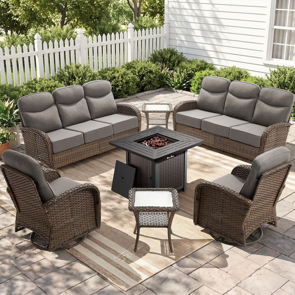 Goyal Brown 7-Piece Patio Fire Pit Conversation Furniture Set, Outdoor Swivel Glider Sofa Set with 6 in. Gray Cushions price history on PriceWatchPro