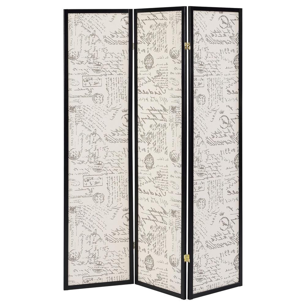 Transitional Black and Cream French Script 3-Panel Folding Screen