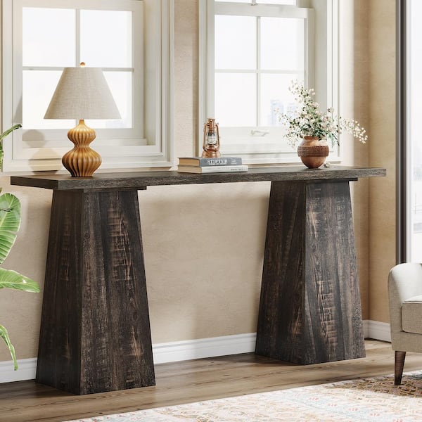 BYBLIGHT Turrella 63 in. Black Console Tables, Rectangle Farmhouse Wooden Console Table with Double Pedestal for Living Room
