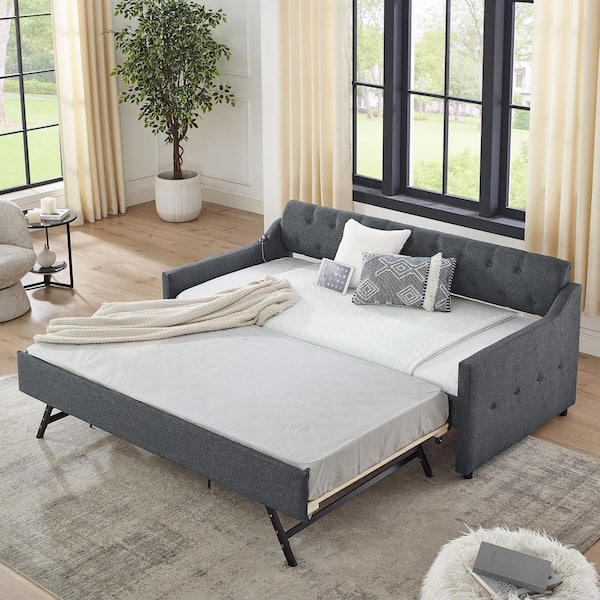 Midnas Dark Grey Twin Size Modern Upholstered Daybed with Trundle, USB Charging, Tufted