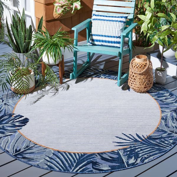 Cabana Ivory/Navy 6 ft. x 6 ft. Striped Leaf Border Indoor/Outdoor Round Area Rug