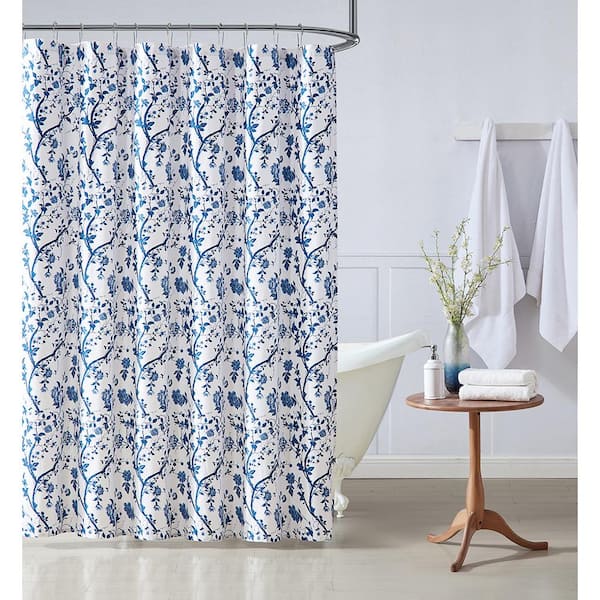 Laura Ashley Elise 1-Piece Blue Cotton Shower Curtain 72 in. x 72 in.