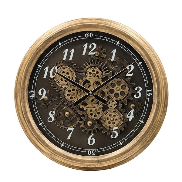 Benjara Gold and Bronze Analog Iron Gear Design Numbered Wall Clock