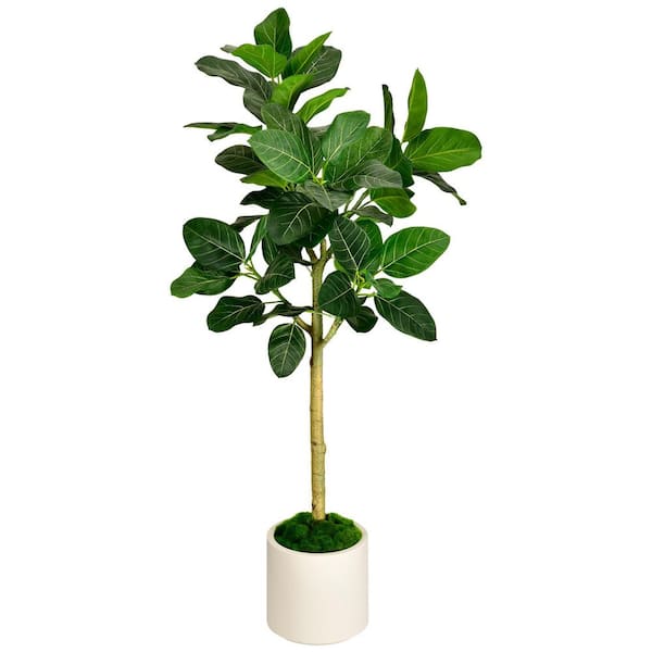 5 ft. Artificial Audrey Ficus Tree in White Decor Pot, Faux Green Plant Indoor Home Decorative Planter