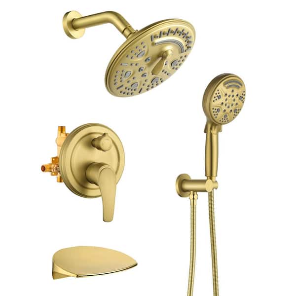 FORCLOVER Single Handle 6 -Spray Shower Faucet 1.8 GPM with Waterfall Tub Spout and 9-Setting Handheld Shower in. Brushed Gold