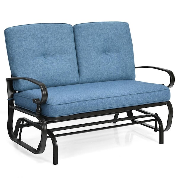 WELLFOR 2-Person Metal Outdoor Glider Chair with Blue Cushion