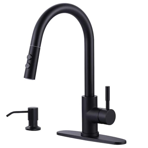 Single Handle Pull Down Sprayer Kitchen Faucet with Soap Dispenser in Matte Black