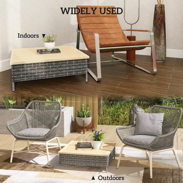 Dracelo 27.6 in. Wood+Paper Round Outdoor Side Table, Gray+Gray RD1390 ...