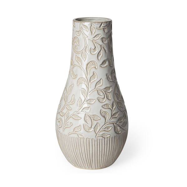 Mercana Jadiza III White Glaze Floral Pattern Ceramic Vase