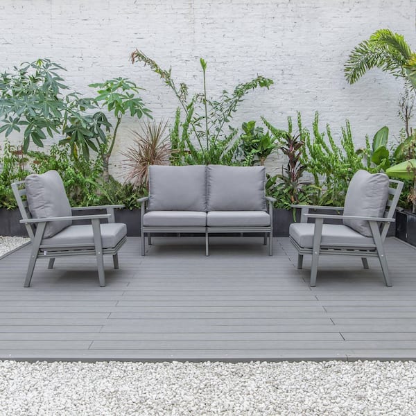 Leisuremod Walbrooke Grey 3-Piece Aluminum Outdoor Loveseat and Set of 2 Armchairs with Removable Cushions, Grey