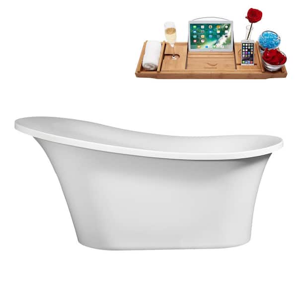 Streamline 60 in. x 29 in. Acrylic Freestanding Soaking Bathtub in Glossy White With Matte Oil Rubbed Bronze Drain, Bamboo Tray