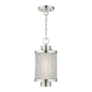 Roycroft 14.5 in. 1-Light Brushed Nickel Dimmable Outdoor Pendant Light with Satin Opal White Glass