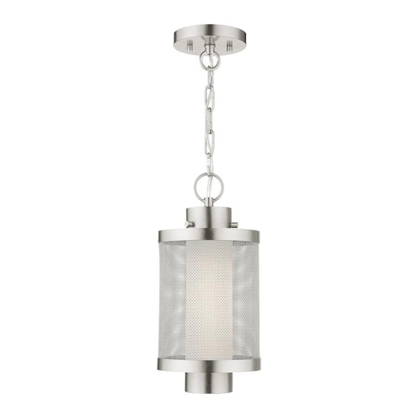 AVIANCE LIGHTING Roycroft 14.5 in. 1-Light Brushed Nickel Dimmable Outdoor Pendant Light with Satin Opal White Glass