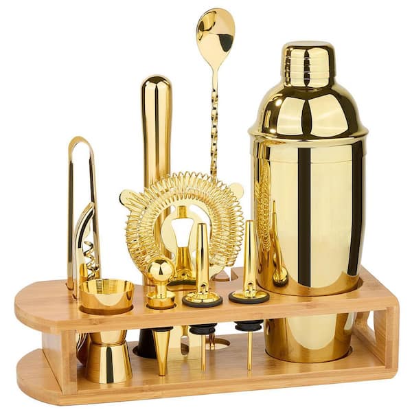 12-Piece Gold Stainless Steel Bartender Tool Kit with Bamboo Stand for Drink Mixing and Home Bar