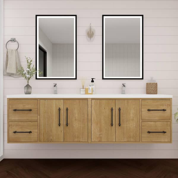 Victoria 71 in. W x 20 in. D x 22 in. H Double Sink Floating Bath Vanity in Oak with White Acrylic Top