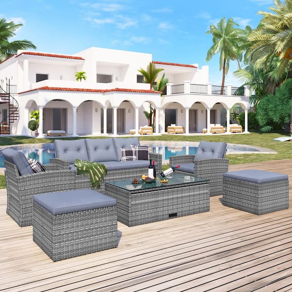Unbranded 6-Piece Wicker PE Rattan Outdoor Conversation Sectional Set with Coffee Table, Ottomans, Removable Grey Cushions