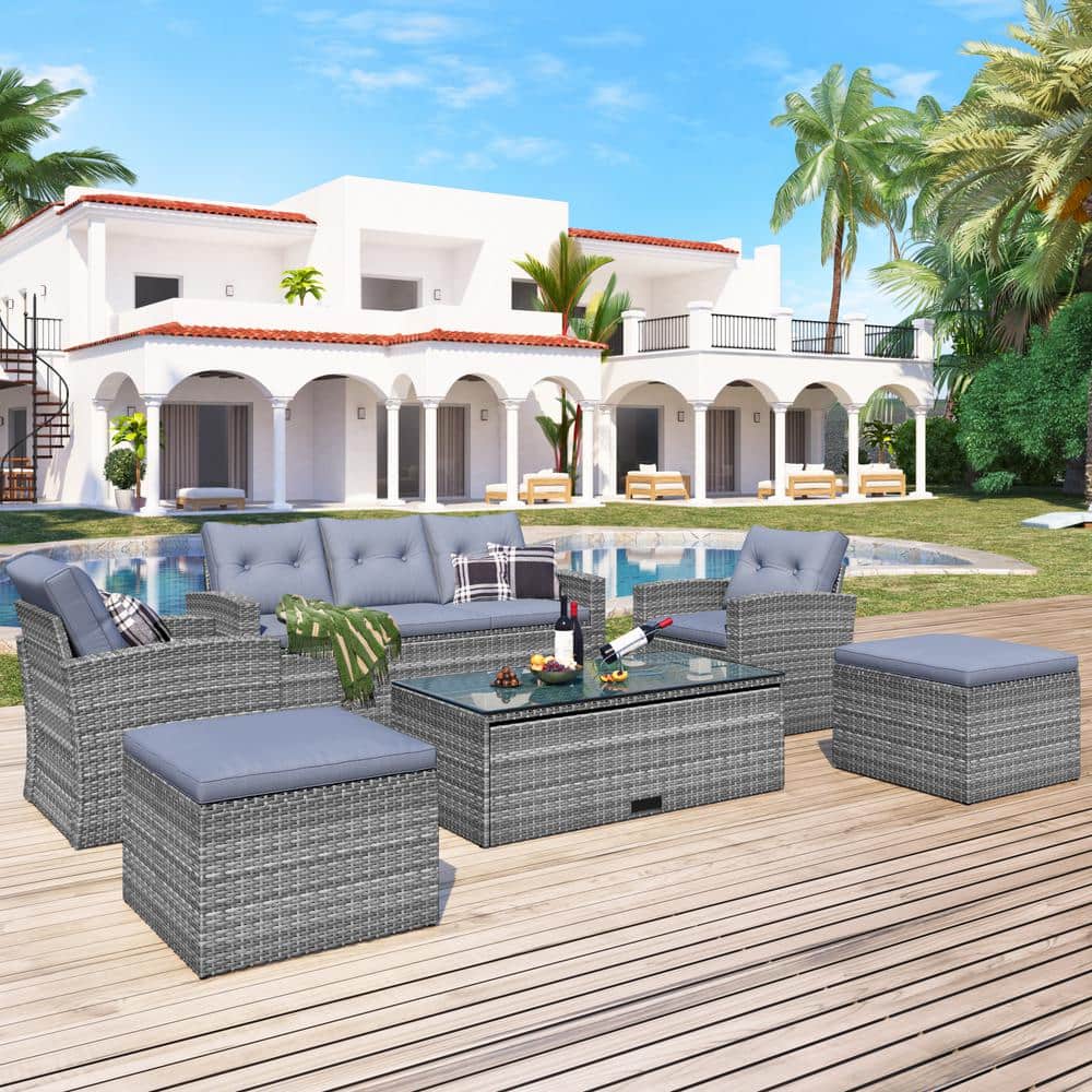 6-Piece Wicker PE Rattan Outdoor Conversation Sectional Set with Coffee Tab