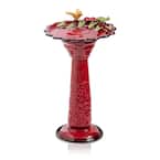 28 in. Tall Outdoor Metal Birdbath with Birds and Leaves Yard Statue Decoration, Red