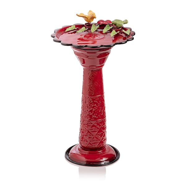 Alpine Corporation 28 in. Tall Outdoor Metal Birdbath with Birds and Leaves Yard Statue Decoration, Red