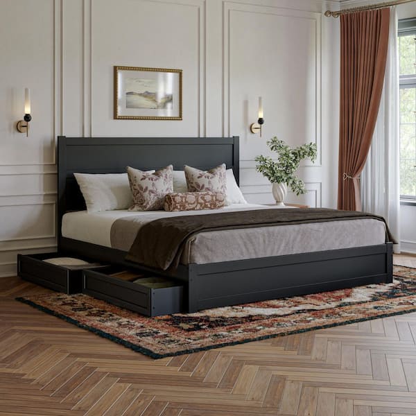 Aveline Black Wood Frame King Platform Bed with Matching Footboard and Storage Drawers