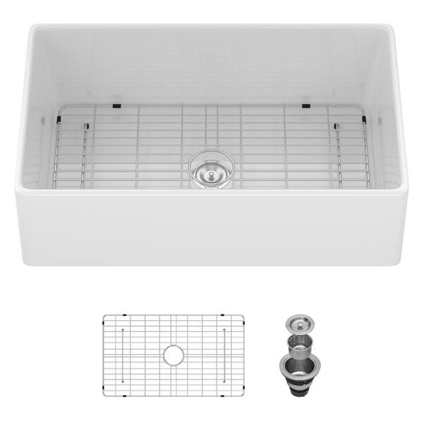 33 in. White Farmhouse Sink, 33 x 20 x 10 Inch Kitchen Sink Apron Front Porcelain Ceramic Single Bowl Farmer Sink Basin