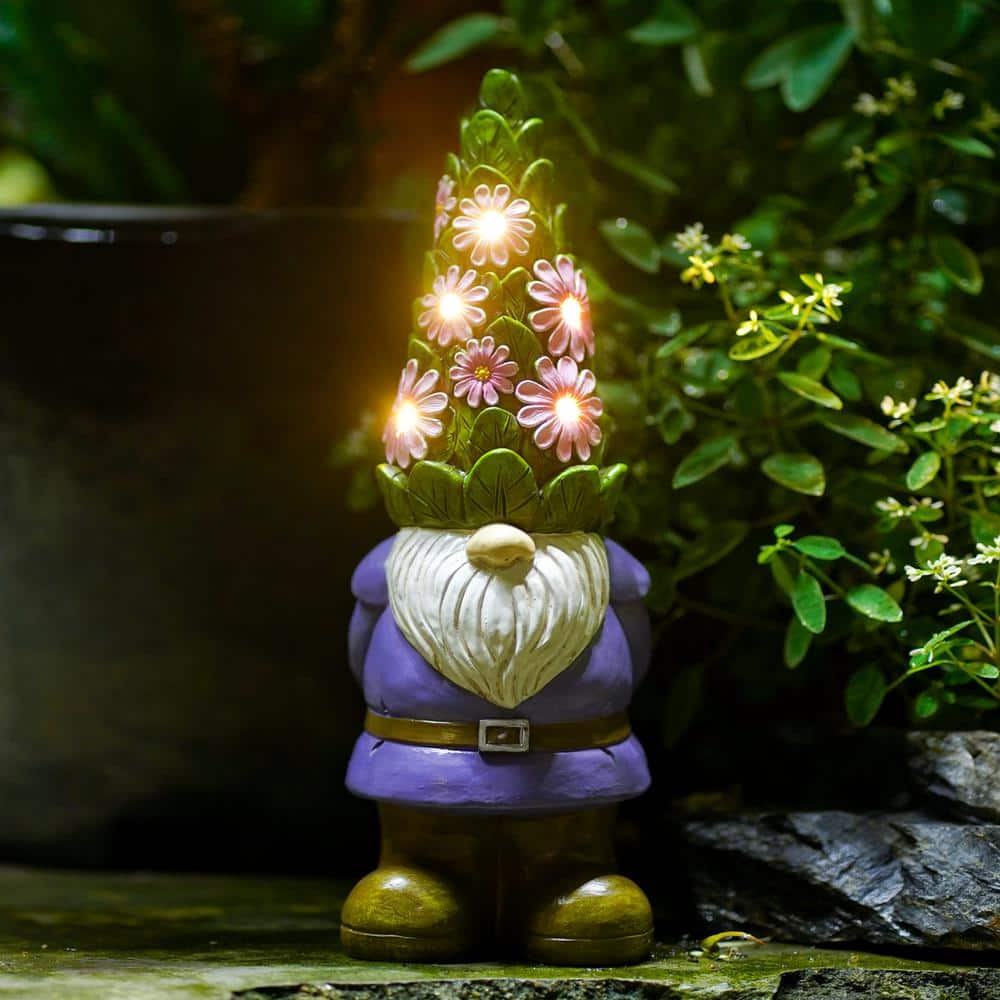 Solar Garden Gnome Statue- Standing Gnome with Glowing Flowers and 5 LED Lights, Summer Dwarf Garden Decorations